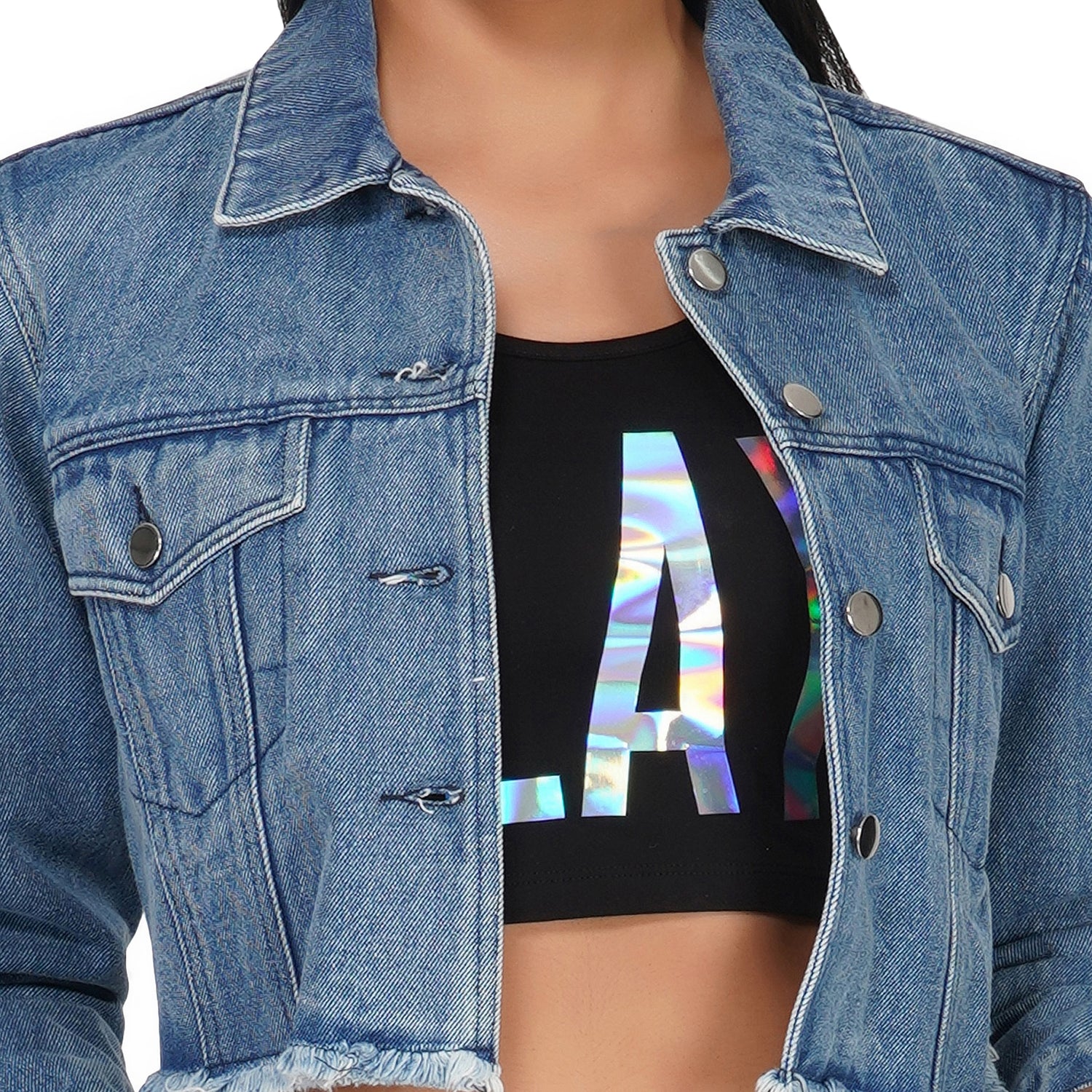 Almost Famous Two Tone Cropped Jean Jacket - Medium Wash